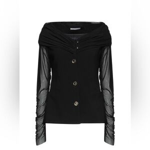 Black Off-Shoulder Blazer Top - Sheer Mesh Sleeves | Chic Evening Blouse | US M
